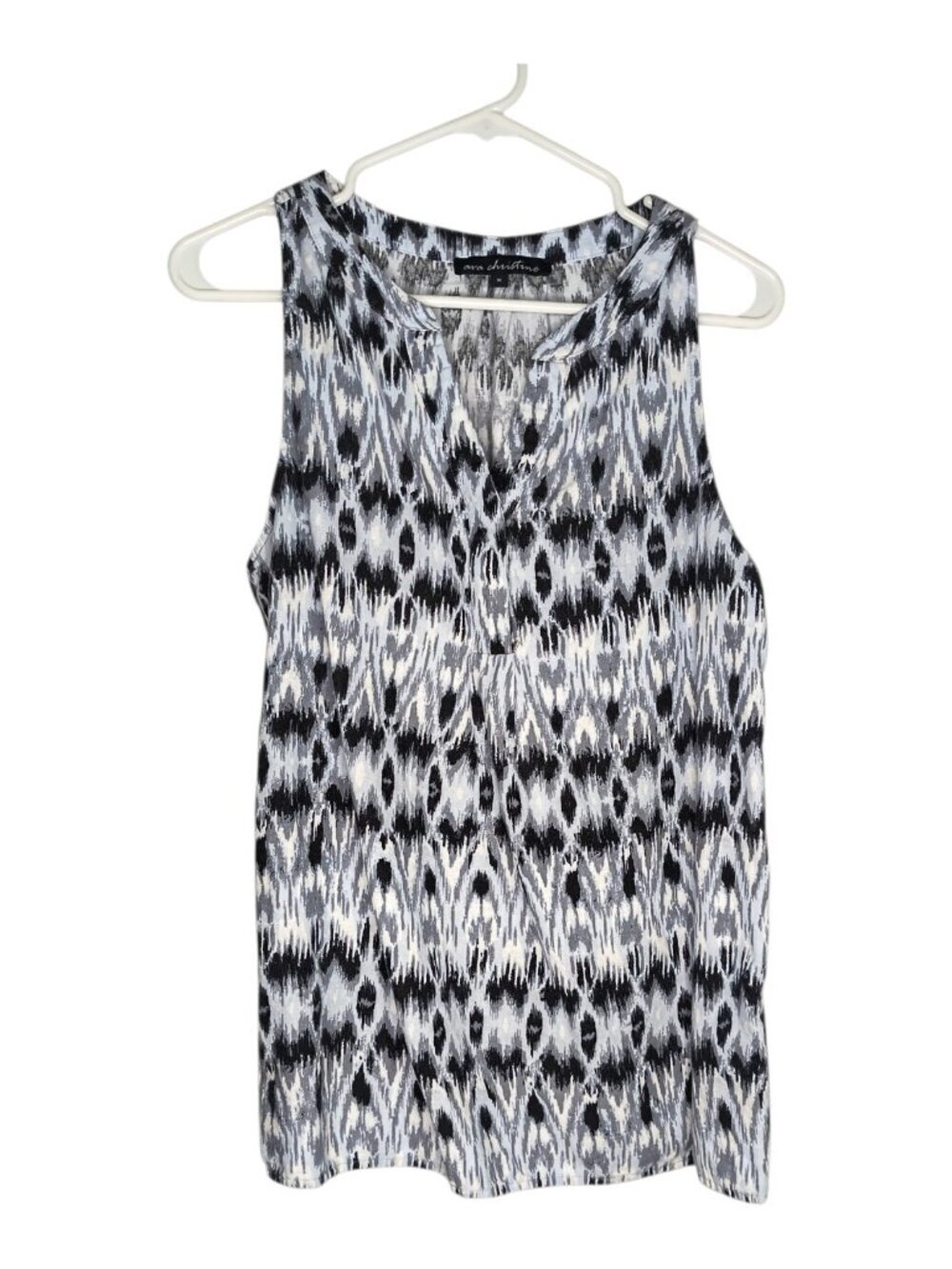 Ava Christine Sleeveless V neck Ikat Style Linen Blend Blue Blouse Women's Mediu